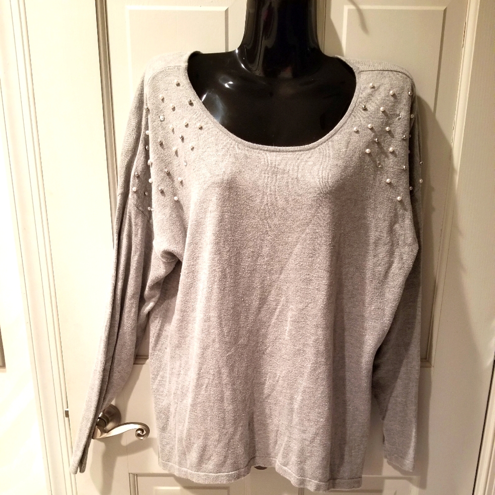 AB Studio Beaded Shoulder Gray Top